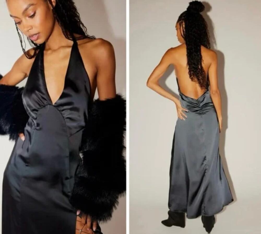NWT Free People Women's Large Black Halter Slit Silky Dance Til Dawn Maxi Dress